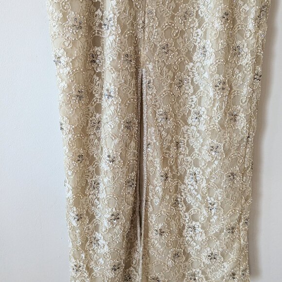 80s Beige Beaded Prom Dress Peplum Dress Floral Lace Formal Gown Vintage Dress - Picture 14 of 14